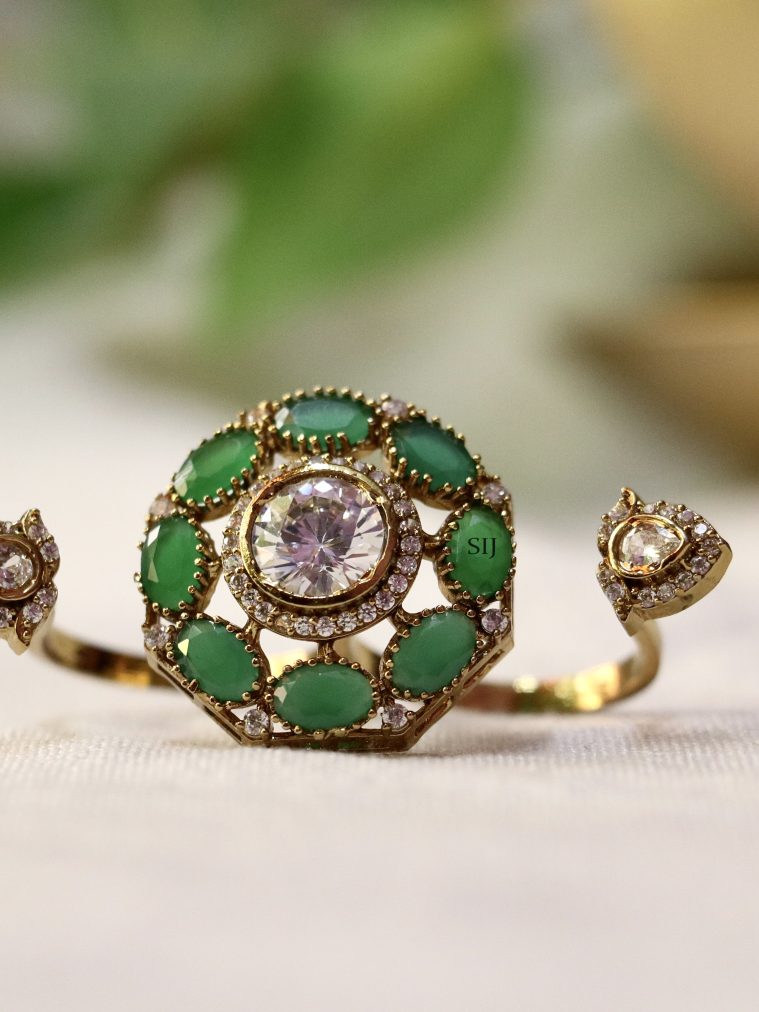 Gold Finish Emerald Polki Stone 3 Finger Ring
