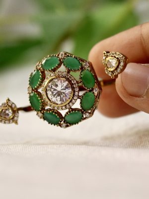 Gold Finish Emerald Polki Stone 3 Finger Ring