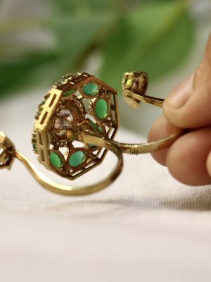 Gold Finish Emerald Polki Stone 3 Finger Ring