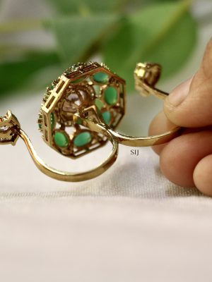 Gold Finish Emerald Polki Stone 3 Finger Ring
