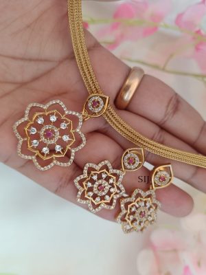 Gold Finish Floral Design White Stones Attigai Necklace Set