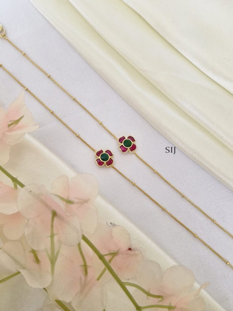 Gold Finish Flower Design Ruby and Green Stones Anklets