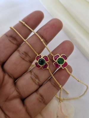 Gold Finish Flower Design Ruby and Green Stones Anklets