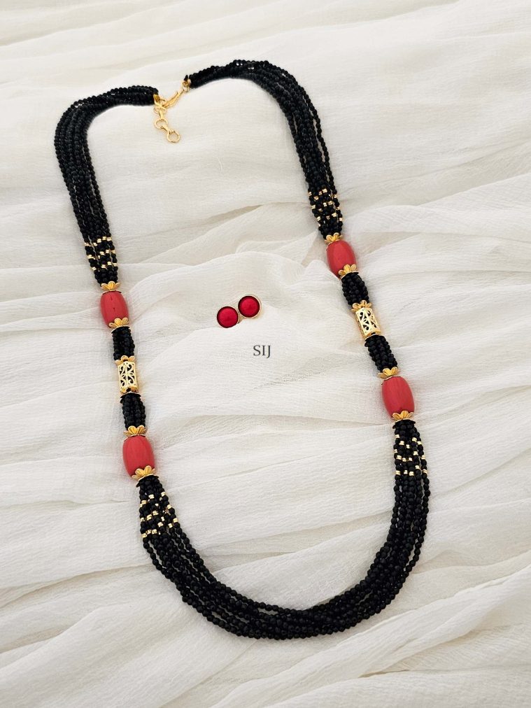 Gold Finish Multi Layered Coral and Black Beads Mangalsutra