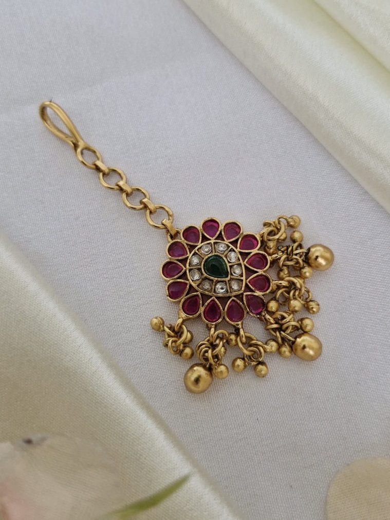 Gold Finish Multi Stones Golden Beads Dropped Maang Tikka