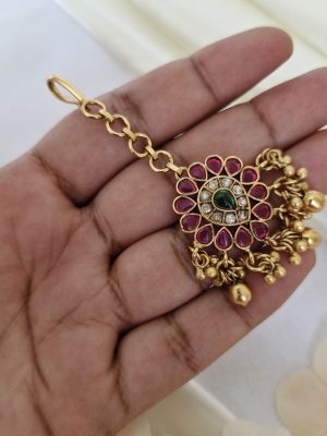 Gold Finish Multi Stones Golden Beads Dropped Maang Tikka