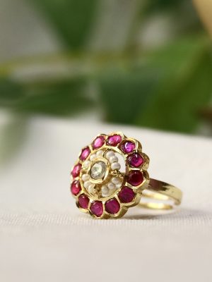 Gold Finish Pearl &Jadau Kundan Finger Ring