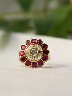 Gold Finish Pearl &Jadau Kundan Finger Ring