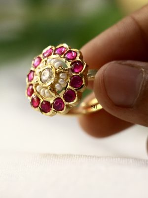 Gold Finish Pearl &Jadau Kundan Finger Ring