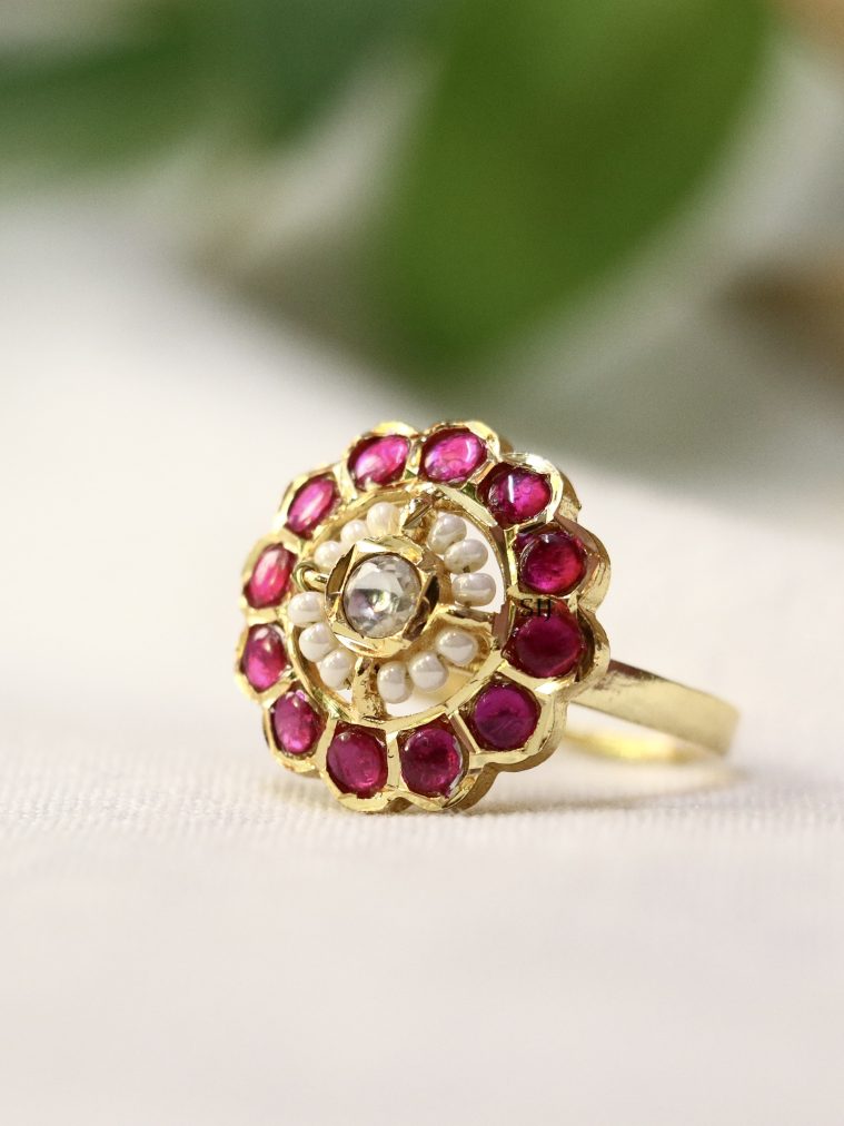 Gold Finish Pearl &Jadau Kundan Finger Ring