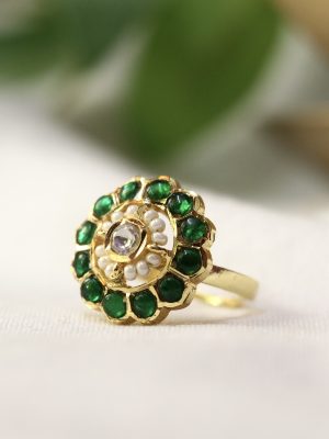 Gold Finish Pearl &Jadau Kundan Finger Ring