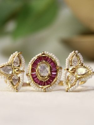 Gold Finish Pearl &Polki Stone Kritika 3 Finger Ring