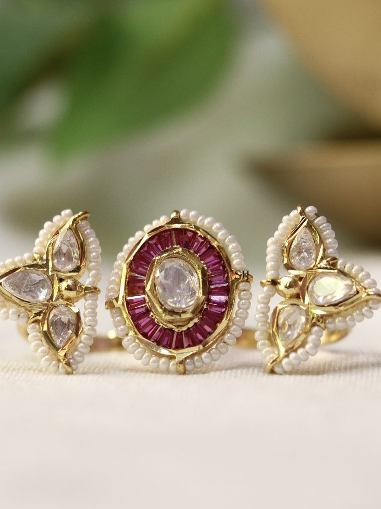 Gold Finish Pearl &Polki Stone Kritika 3 Finger Ring