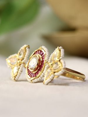 Gold Finish Pearl &Polki Stone Kritika 3 Finger Ring