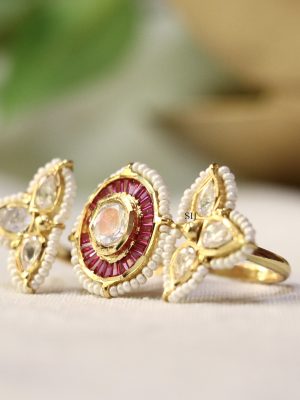 Gold Finish Pearl &Polki Stone Kritika 3 Finger Ring