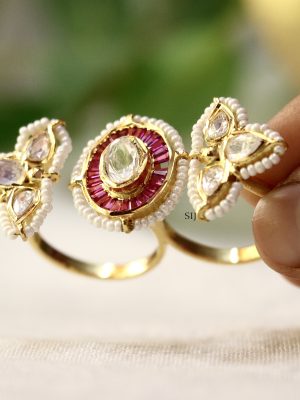 Gold Finish Pearl &Polki Stone Kritika 3 Finger Ring
