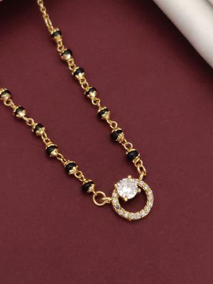Gold Plated Black Beads White Stones Circular Pendant Mangalsutra