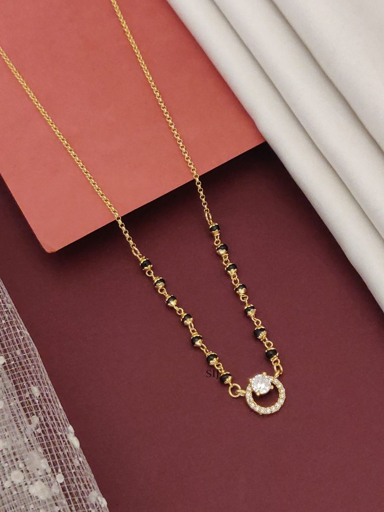 Gold Plated Black Beads White Stones Circular Pendant Mangalsutra