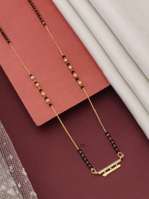 Gold Plated Chain with Black Beads White Stone Pendant Mangalsutra
