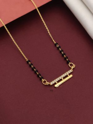 Gold Plated Chain with Black Beads White Stone Pendant Mangalsutra