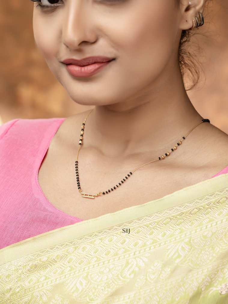 Gold Plated Chain with Black Beads White Stone Pendant Mangalsutra