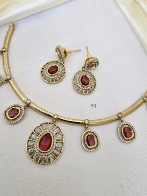 Gold Plated Floating Pink &White Stones Hasli Necklace Set