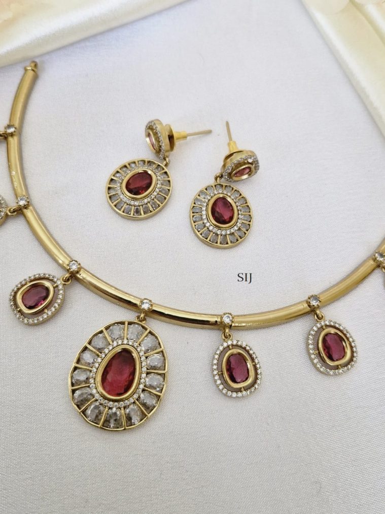 Gold Plated Floating Pink &White Stones Hasli Necklace Set
