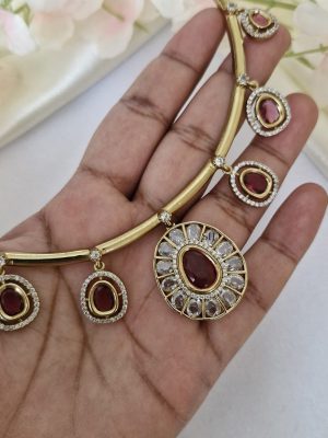Gold Plated Floating Pink &White Stones Hasli Necklace Set