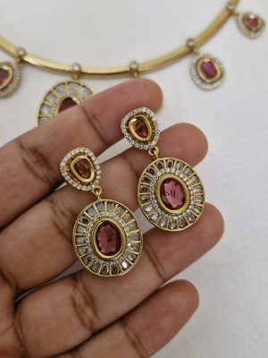 Gold Plated Floating Pink &White Stones Hasli Necklace Set