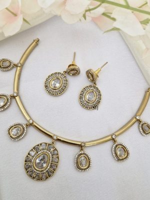 Gold Plated Floating White Stones Hasli Necklace Set