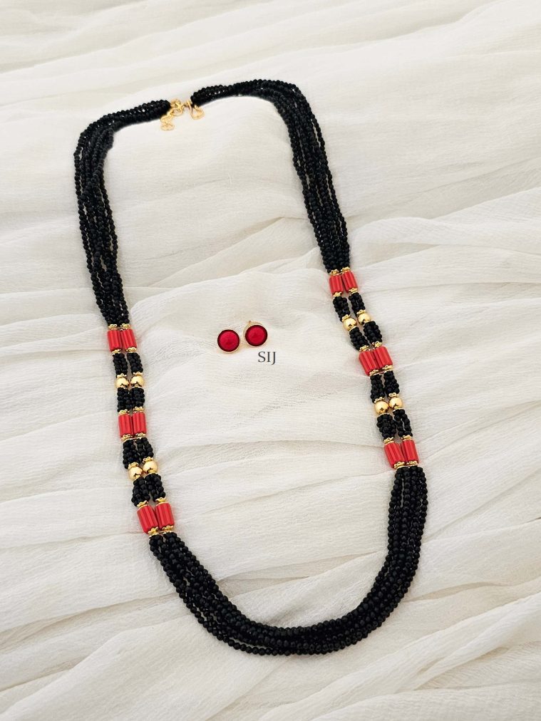 Gold Plated Multi Layered Coral and Black Beads Mangalsutra