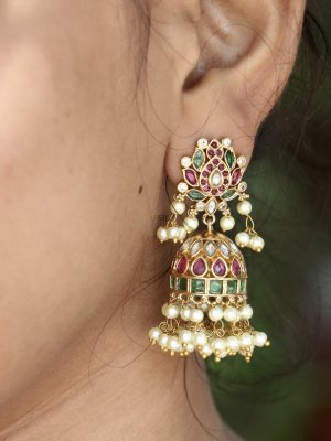 Gold Plated Pearl Drop Kemp Stones Jhumkas