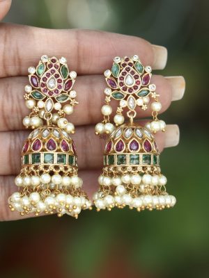 Gold Plated Pearl Drop Kemp Stones Jhumkas