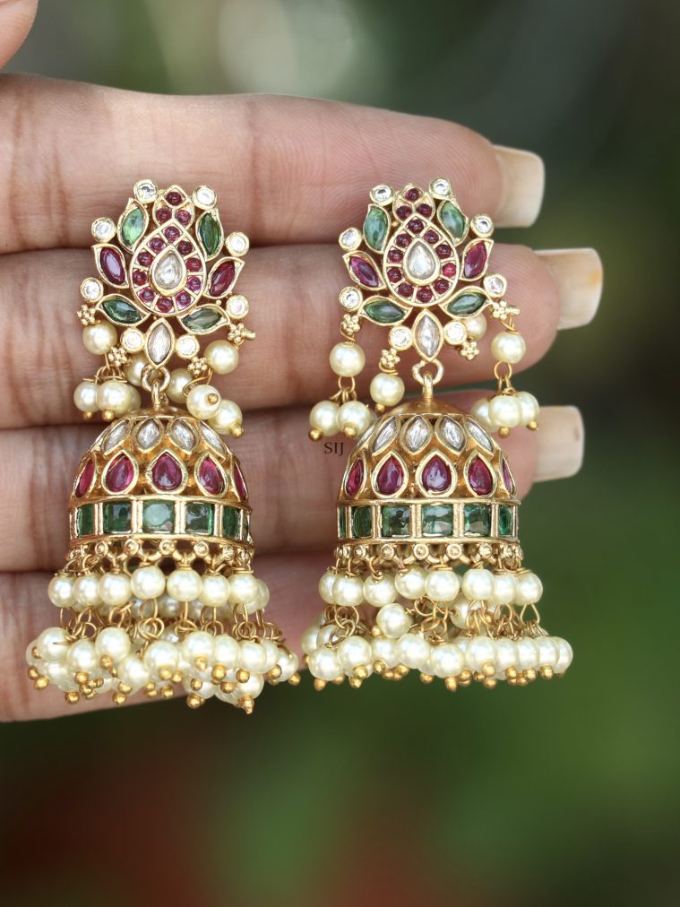 Gold Plated Pearl Drop Kemp Stones Jhumkas