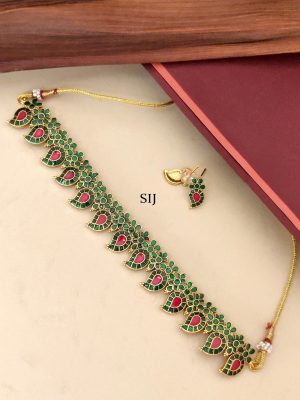 Green Kemp Stone Mango Design Gold Plated Necklace Set