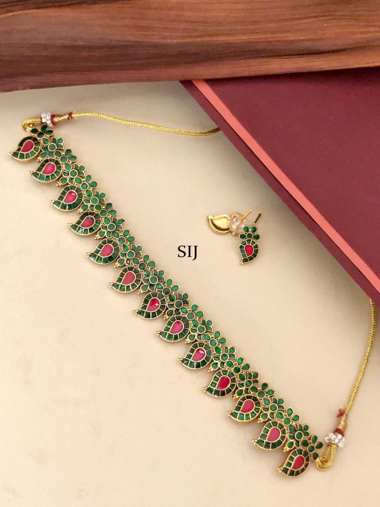 Green Kemp Stone Mango Design Gold Plated Necklace Set