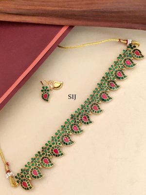 Green Kemp Stone Mango Design Gold Plated Necklace Set