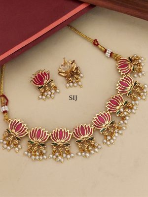 Handpaint Lotus Flower Gold Plated Necklace Set