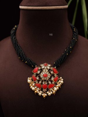 Multi Layers Black Beaded Necklace with Coral Beads Pendant
