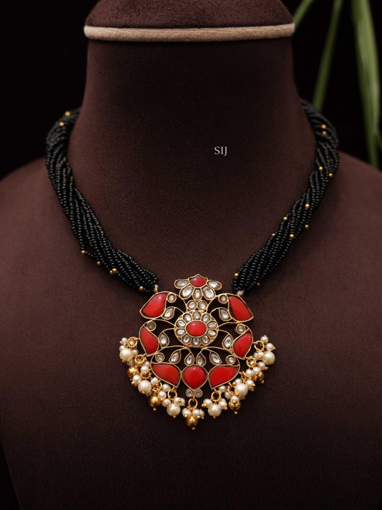 Multi Layers Black Beaded Necklace with Coral Beads Pendant