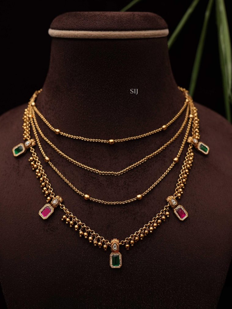 Multi Layers Antique Necklace with Kemp Stones and Golden Balls