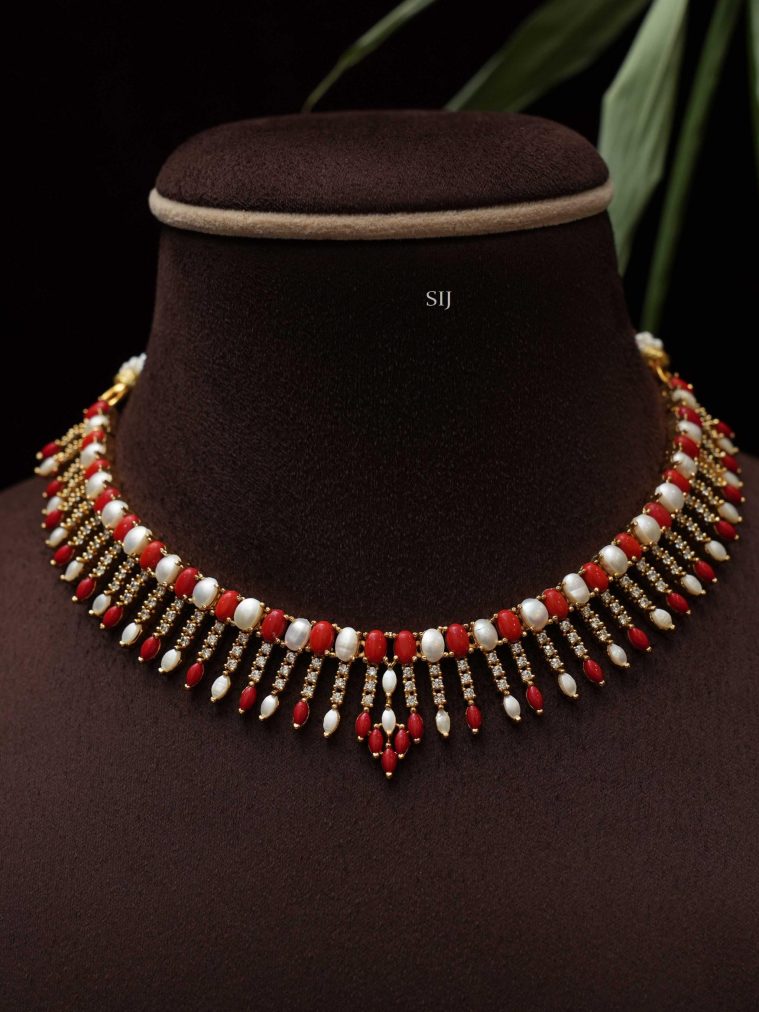 Gold Plated Coral Beads and Pearl Studded Choker Set