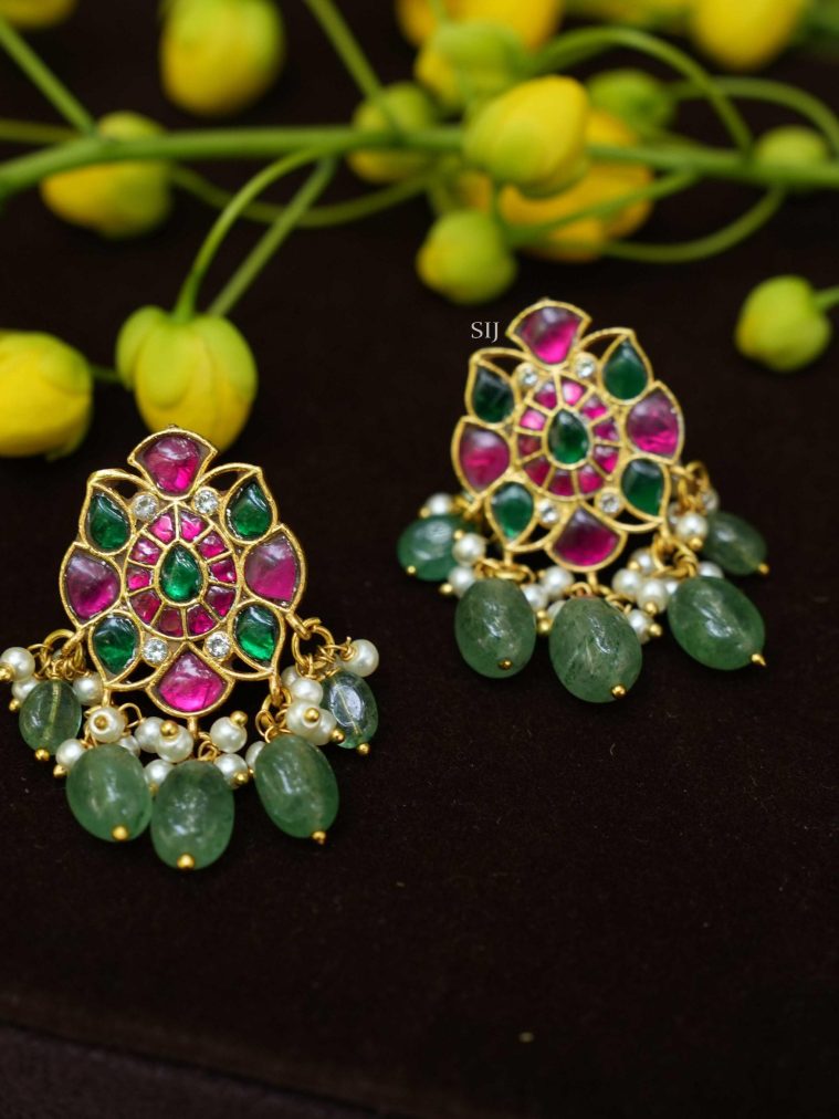 Green and Red Polki Floral Motif Ear Studs with Green Beads and Pearls