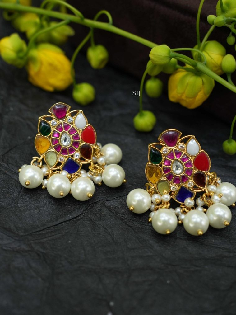 Multi Color Polki Stones Floral Motif Ear Studs with Cluster Pearls