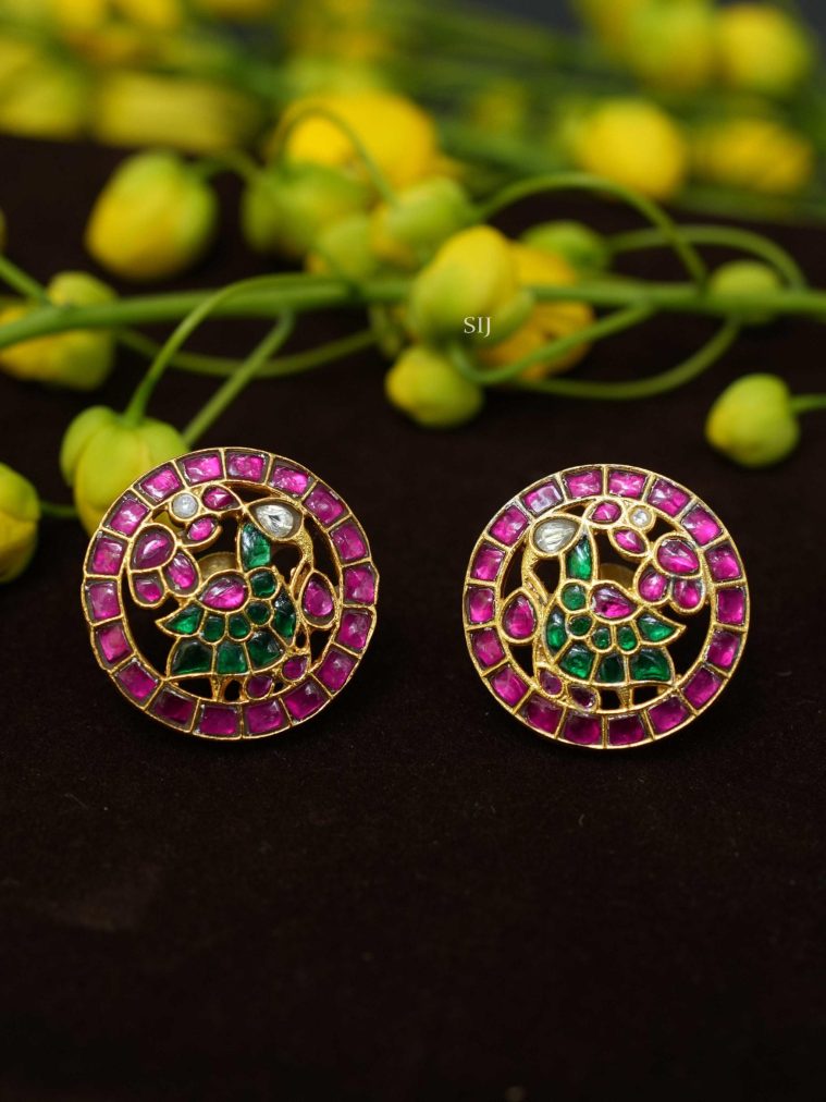 Gold Finish Polki Stones Peacock Motif Ear Studs