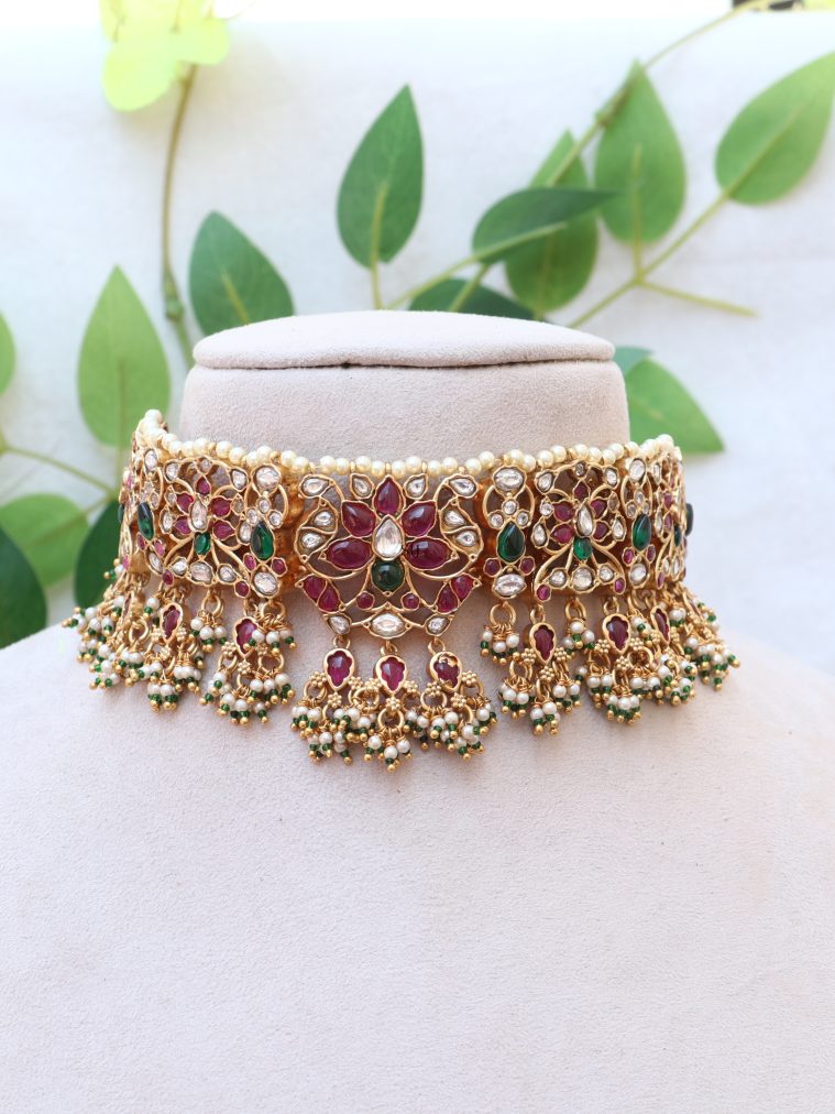 Lotus Design Beaded Drop Kundan Choker