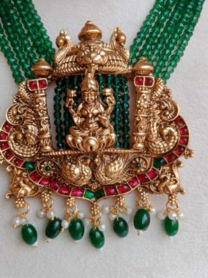 Matt Finish Goddess Lakshmi Pendant Green Beads Haram