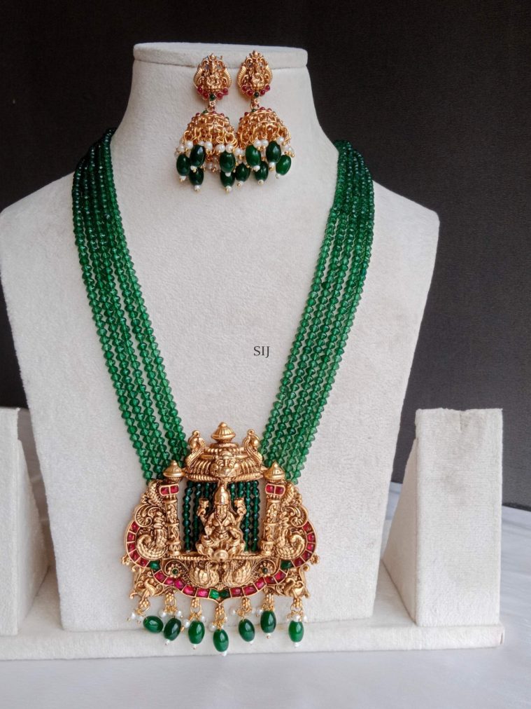 Matt Finish Goddess Lakshmi Pendant Green Beads Haram