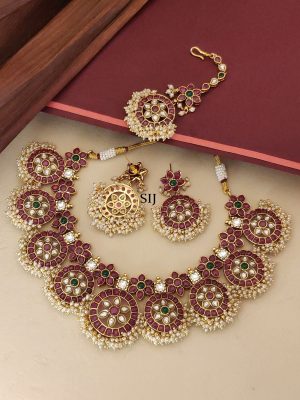 Multicolour Gold Plated Kemp Stone Temple Necklace Set