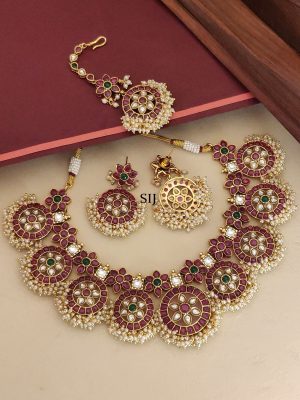 Multicolour Gold Plated Kemp Stone Temple Necklace Set